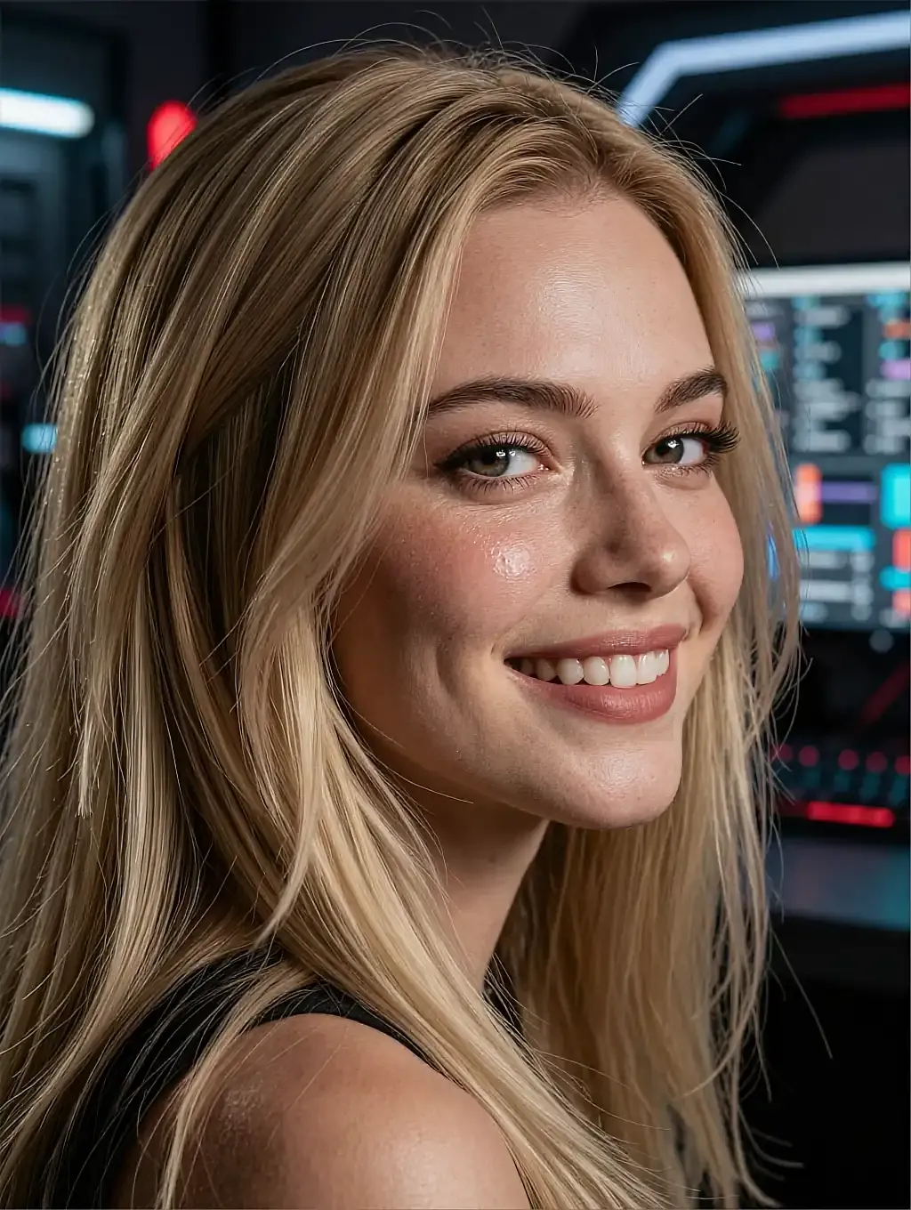Camille, a fictional AI character, blonde and smiling in a black vest top in a dark room of lit screens