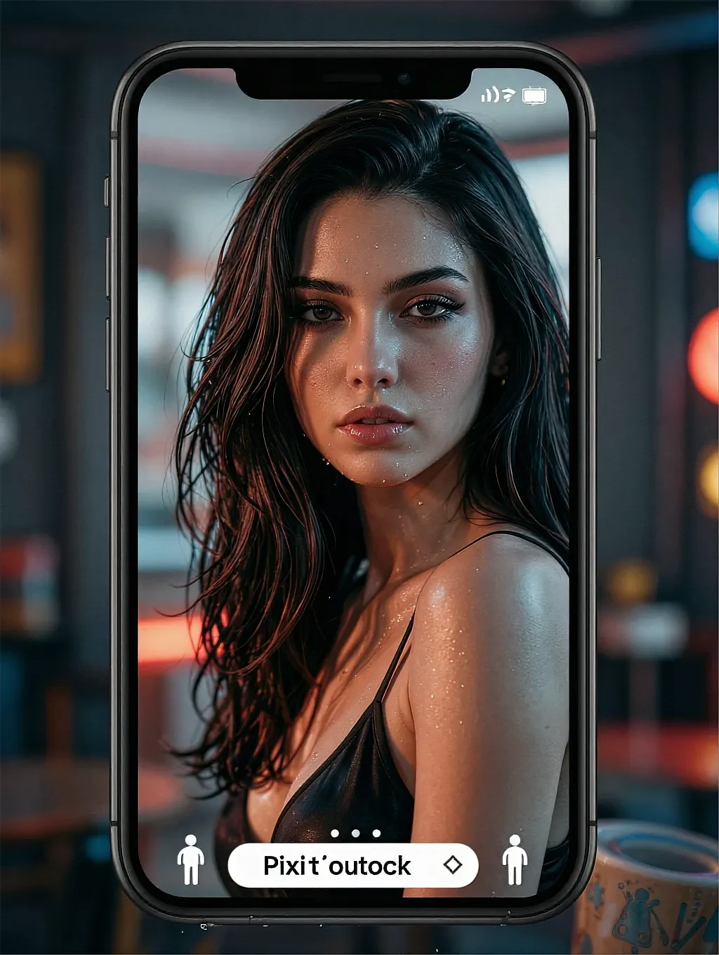 Priya, a fictional AI character, seen on a phone screen held up in a dim room — a full-length portrait in a black strap top